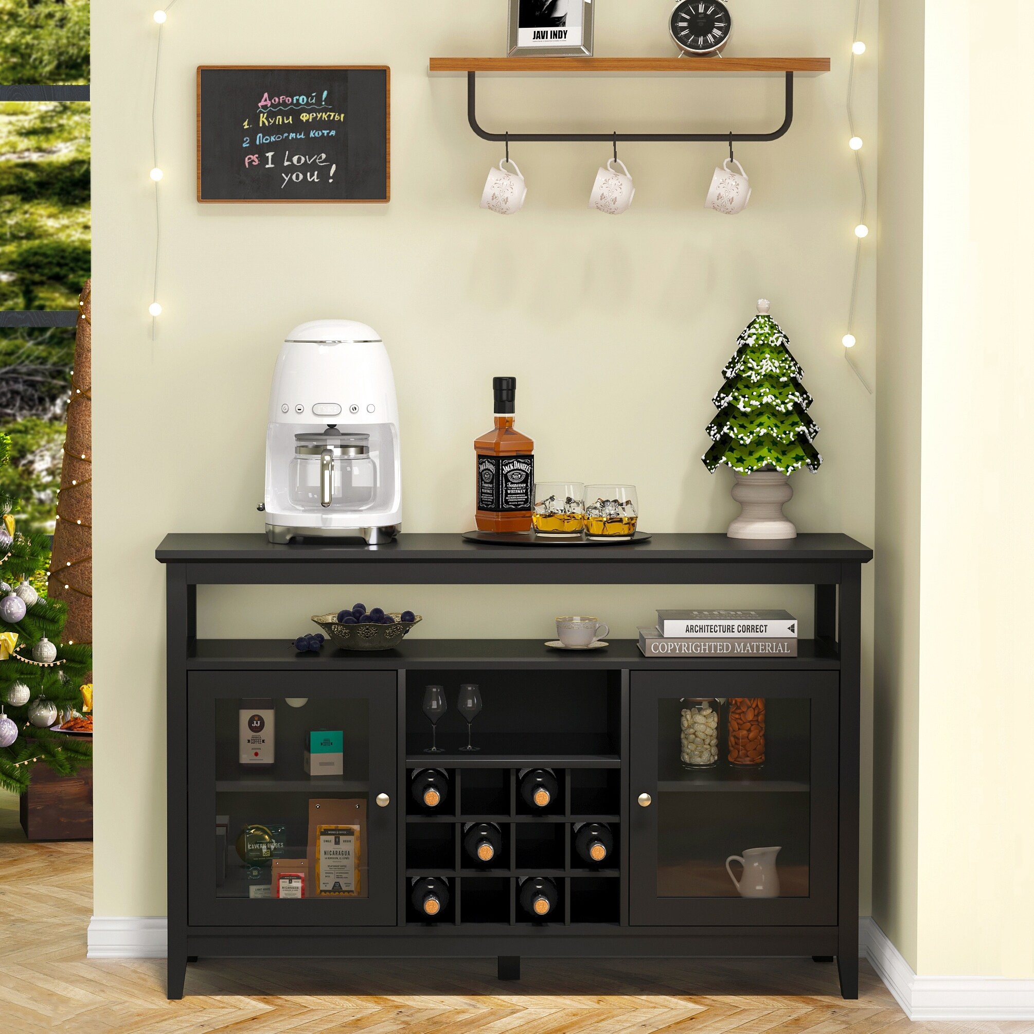 Wine Bar Storage Cabinet with Adjustable Shelves Wine Bottle