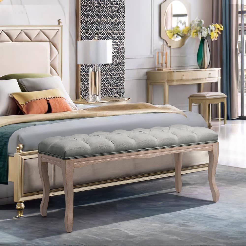 Wooden Tufted Upholstered Bed Bench Rectangular Ottoman