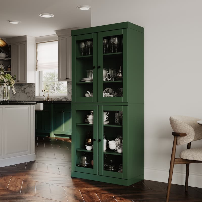 Palace Imports 100% Solid Wood Pantry Cabinet with Frosted, Clear Glass or Solid Doors and Adjustable Shelves - Green - Clear Glass