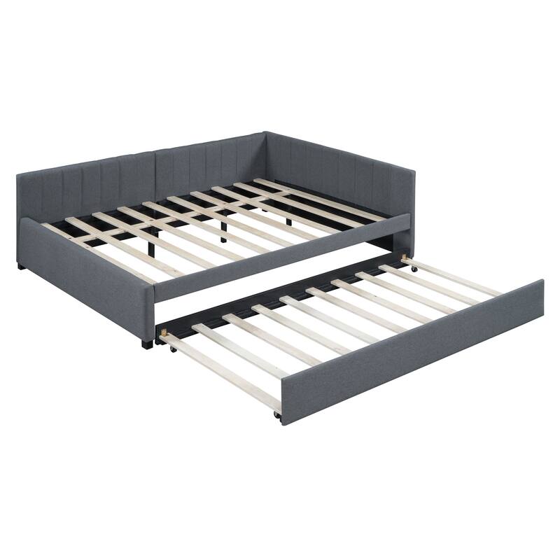 L-Shaped Backrest Daybed Upholstered Daybed Frame Classic Wood Slats Design with 2 Storage Drawers or Trundle, Full Size