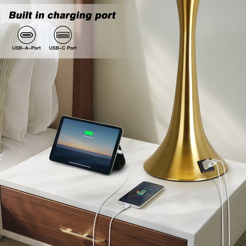 27.5'' Modern Table Lamps with USB-A & USB-C Charging Ports, 3-Way Touch Dimmer, Gold Finish Includes 9W LED Bulbs (Set of 2)
