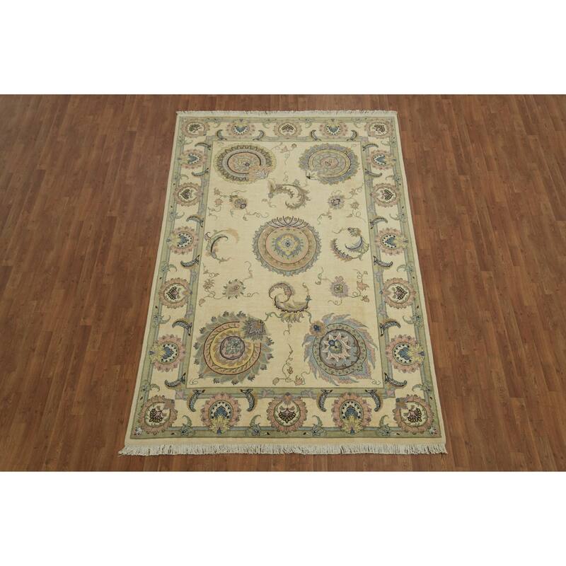 Hand Knotted Oriental Wool & Silk Carpet Traditional All-Over Beige & Ivories Tabriz Area Rug - 9' 11'' X 6' 6''