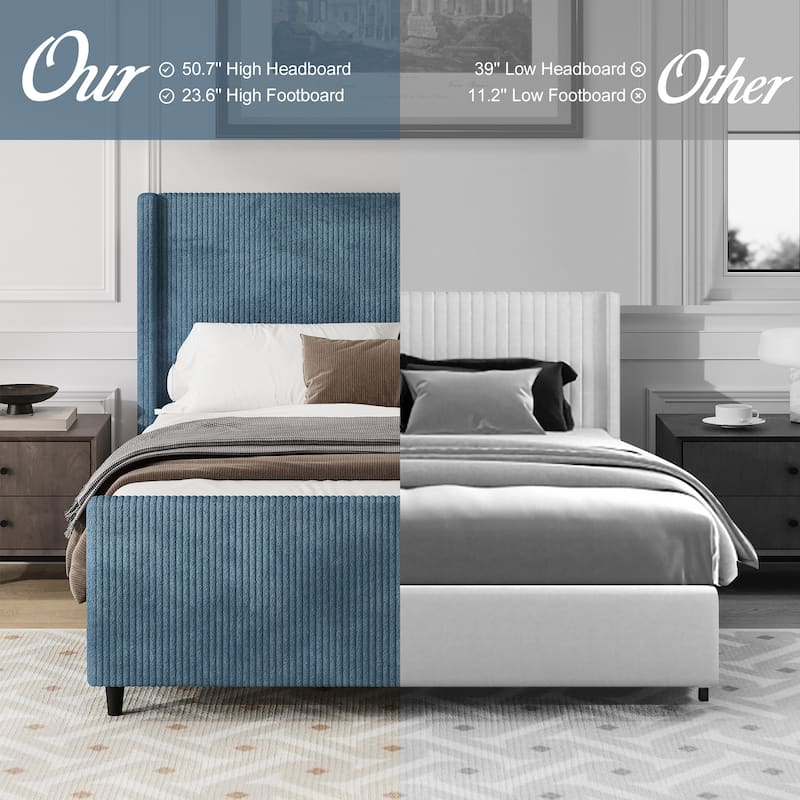 Queen Size Corduroy Upholstered Platform Bed with Vertical Stripe Wingback and High Footboard