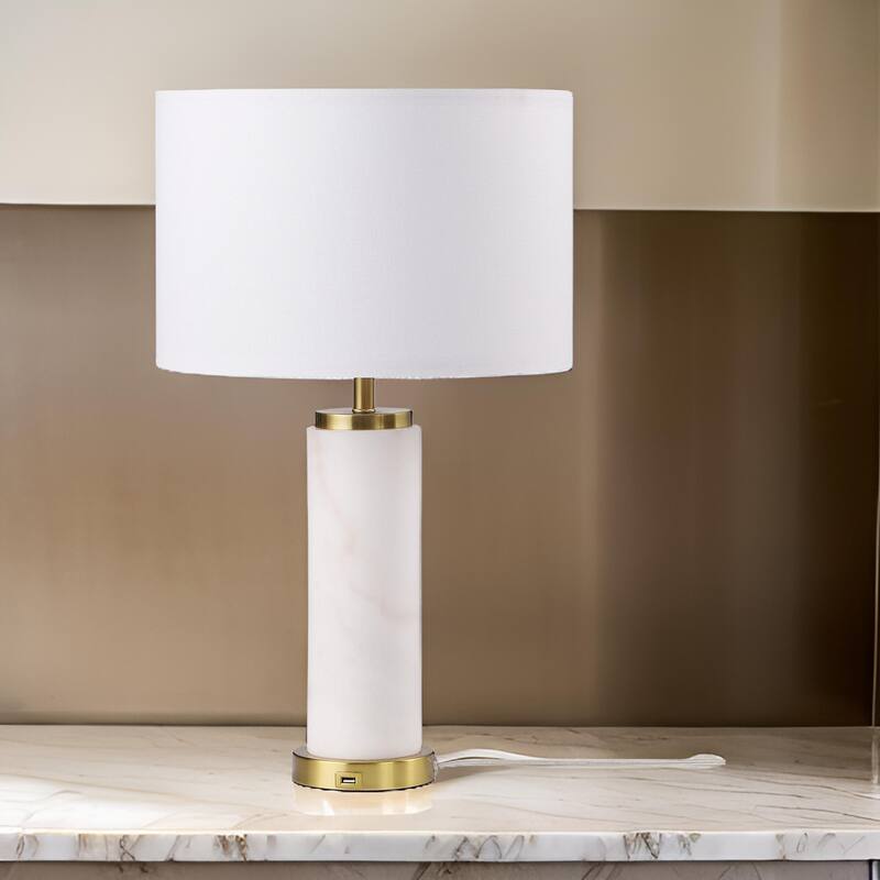 25 Inch Table Lamp, White Fabric Drum Shade, Modern Gold Metal Round Base