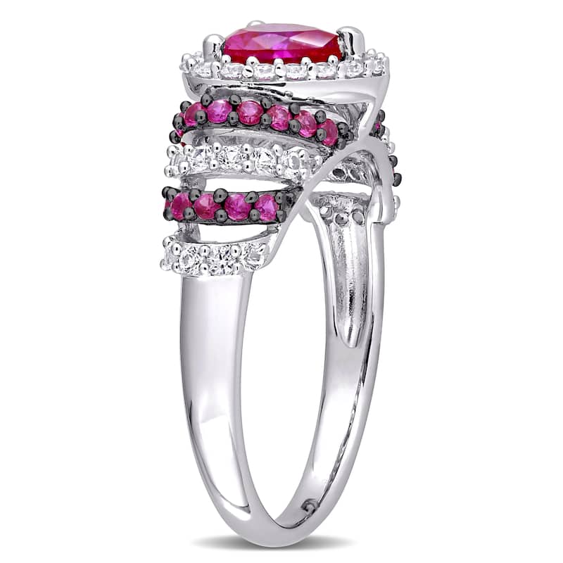 Miadora Sterling Silver Heart Created Ruby and Created White Sapphire Halo Layered Cocktail Ring