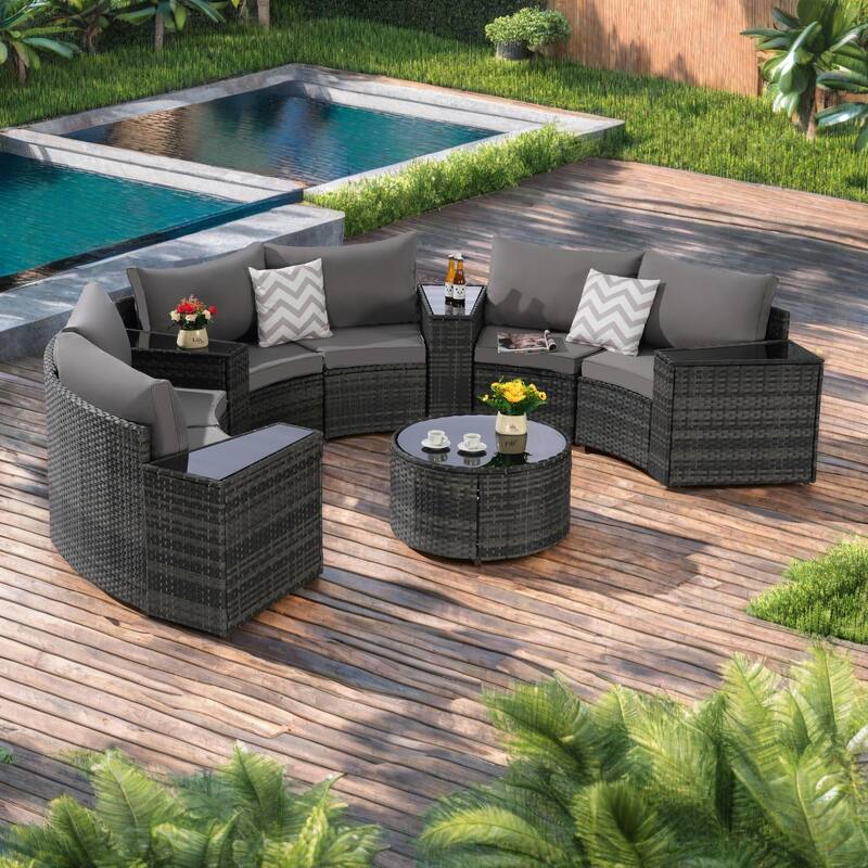 11-Piece Outdoor Half-Round Modular Sectional Sofa Set with Tempered Glass Coffee Table and 4 Side Table