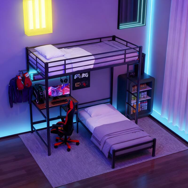 Twin Over Twin L-Shaped Bunk Bed with Desk, Storage Shelves, Drawers & Ambient Lighting