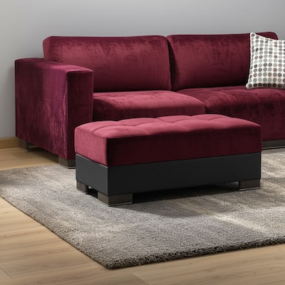 HomeRoots 50" Burgundy Black Brown Microfiber Tufted Storage Ottoman