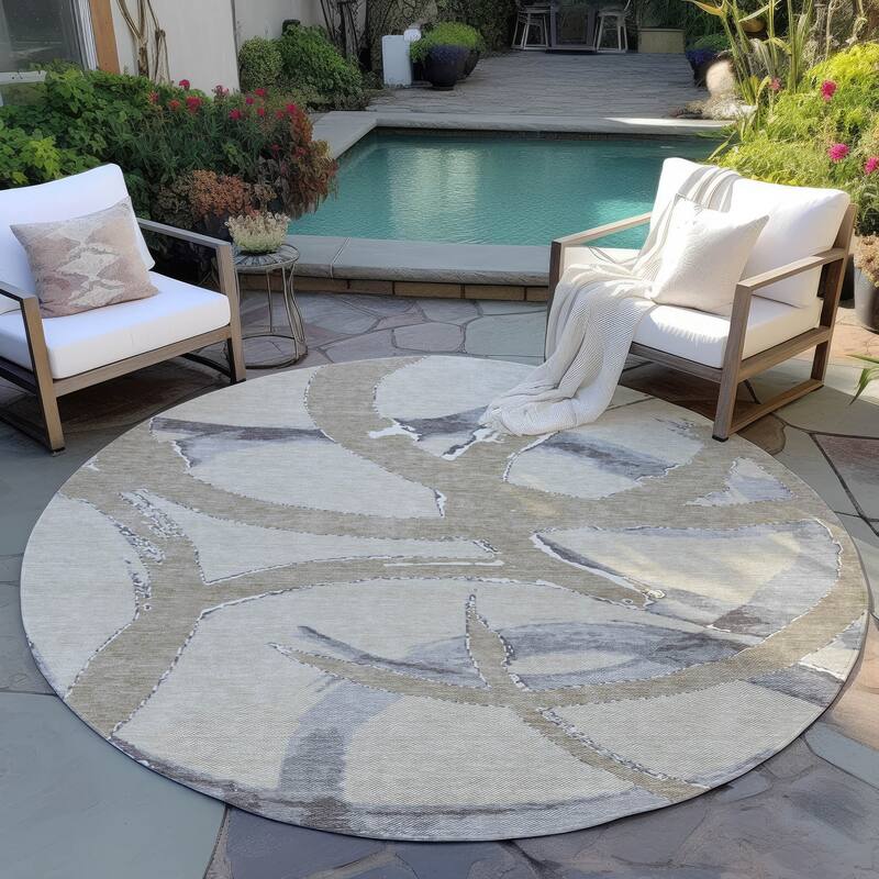 Machine Washable Indoor/ Outdoor Abstract Contemporary Chantille Rug - Beige - 8' x 8'