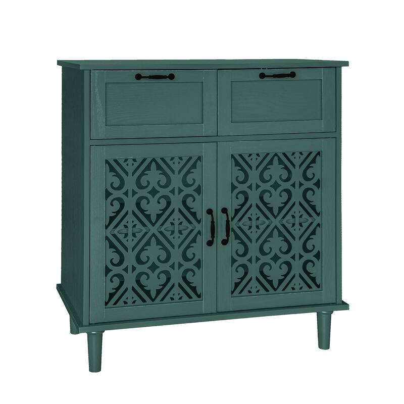 Cabinet with 2 Carved Pattern Doors & 2 Drawers, Small Entryway Storage Table, Accent Cabinet with Metal Handles & Wooden Legs