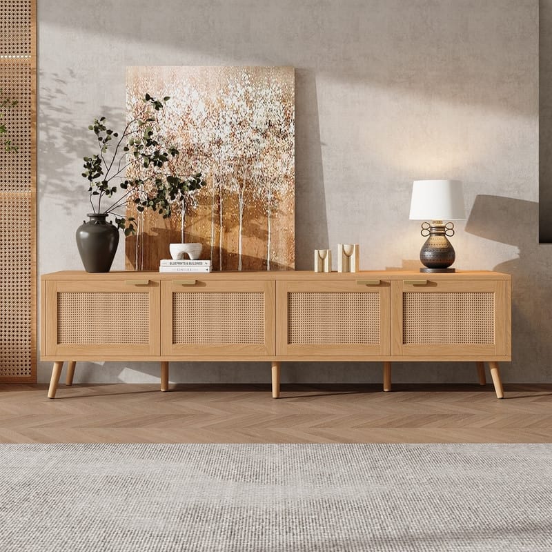 70" Modern TV Stand for TVs up to 80", Media Console Entertainment Center with 4 Rattan Doors for Living Room