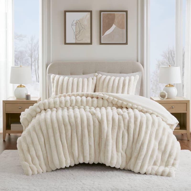 Madison Park Jasmine Ultrasoft Faux Fur Ribbed Comforter Set - Ivory - King