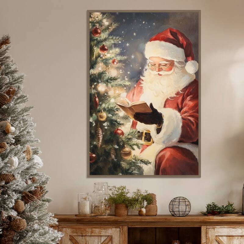 Santa Reading II by Melloi Art Prints Framed Canvas Wall Art Print - Sylvie Dark Gold