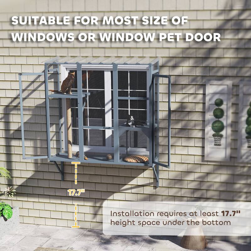 PawHut Outdoor Catio, Cat Window Catio Box Enclosure for 2-3 Large Indoor Cats with 2 Jumping Platforms, Scratching Post