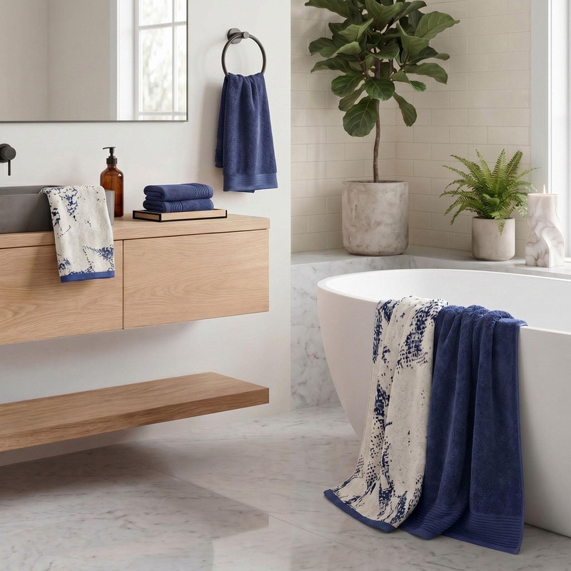 Superior 100% Cotton Marble Effect 6 Piece Towel Set Lightweight Quick Dry Bath Towels with Velour Finish & Jacquard Border