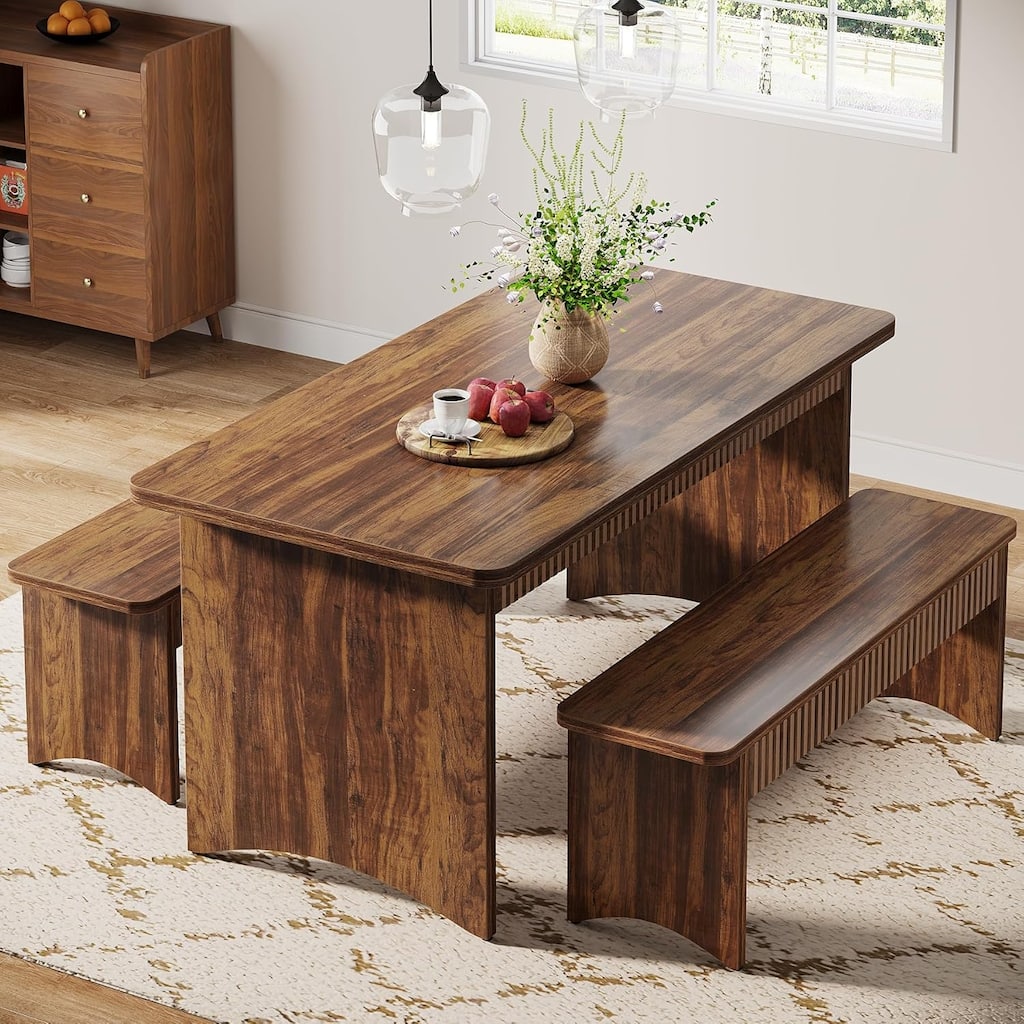 55 Inches Dining Room Table with 2 Benches for 4-6 Peoplefor Kitchen, Dining Room