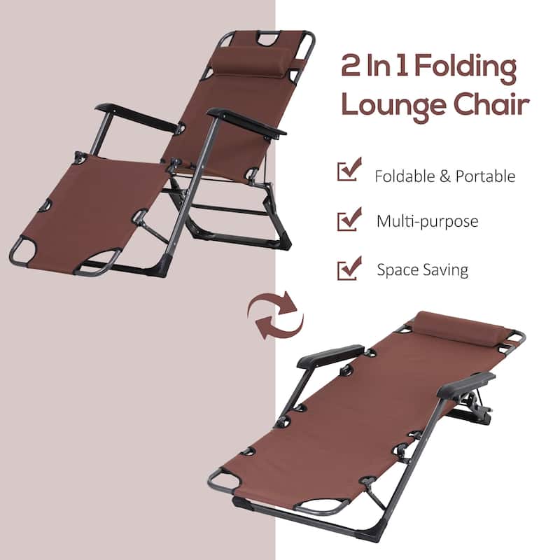 Outsunny 2-in-1 Patio Lounge Chair w/ Pillow, Outdoor Folding Sun Lounger Reclining to 120°/180°, Oxford Fabric, Brown