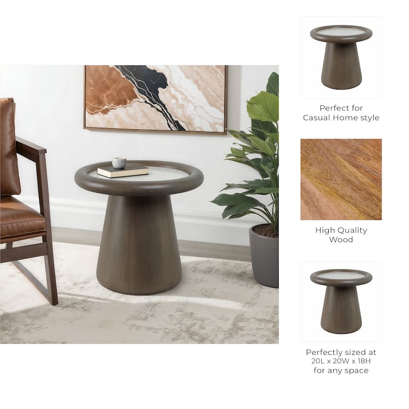 Mango Wood Marble Accent Table Round Drum Base Sculptural Design
