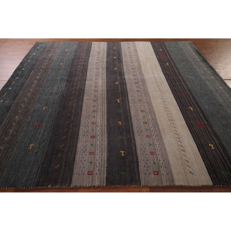 Tribal Striped Gabbeh Oriental Square Area Rug Handmade Wool Carpet - 8'6"x 9'4"