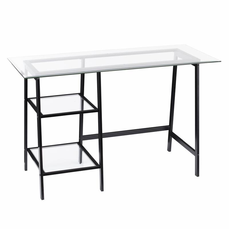 Clear Glass Black Metal Writing Desk with Shelves and Rectangular Desk - Clear-Black