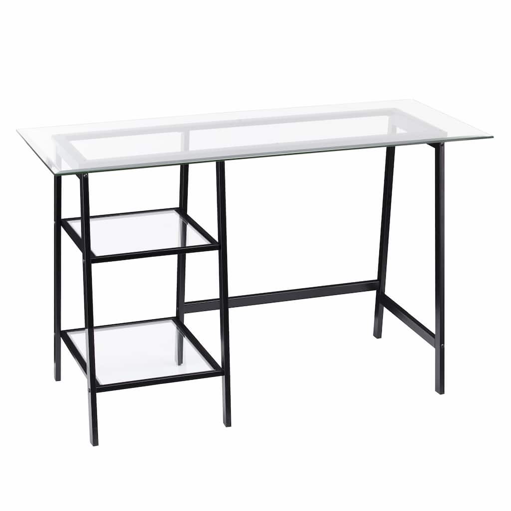 Clear Glass Black Metal Writing Desk with Shelves and Rectangular Desk