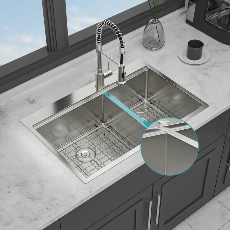 Drop in Double Bowl (60/40) Kitchen Sink 16 Gauge with Two 10" Deep Basin