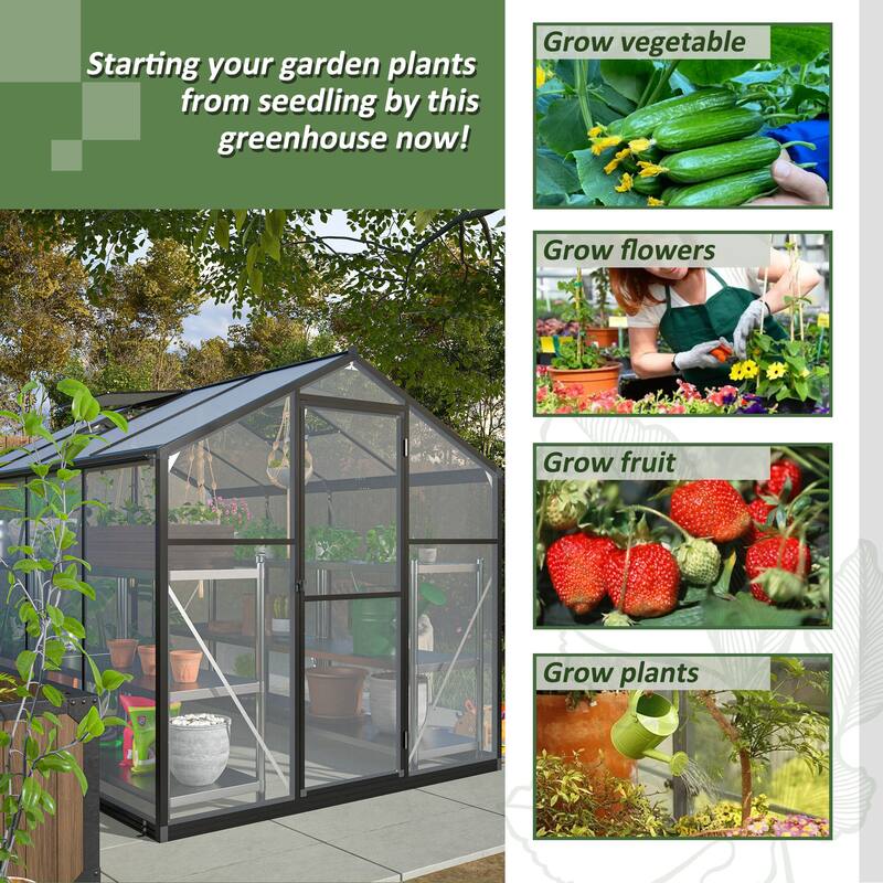 6x8 FT Greenhouse, Polycarbonate Greenhouse with Quick Setup Structure and Roof Vent, Aluminum Large Walk-in Greenhouse