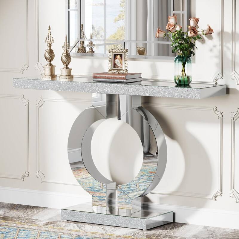 Modern Mirrored Console Table, Glass Sofa/Entryway Table, Rectangular Accent Foyer Table for Living Room, Hallway & Entrance