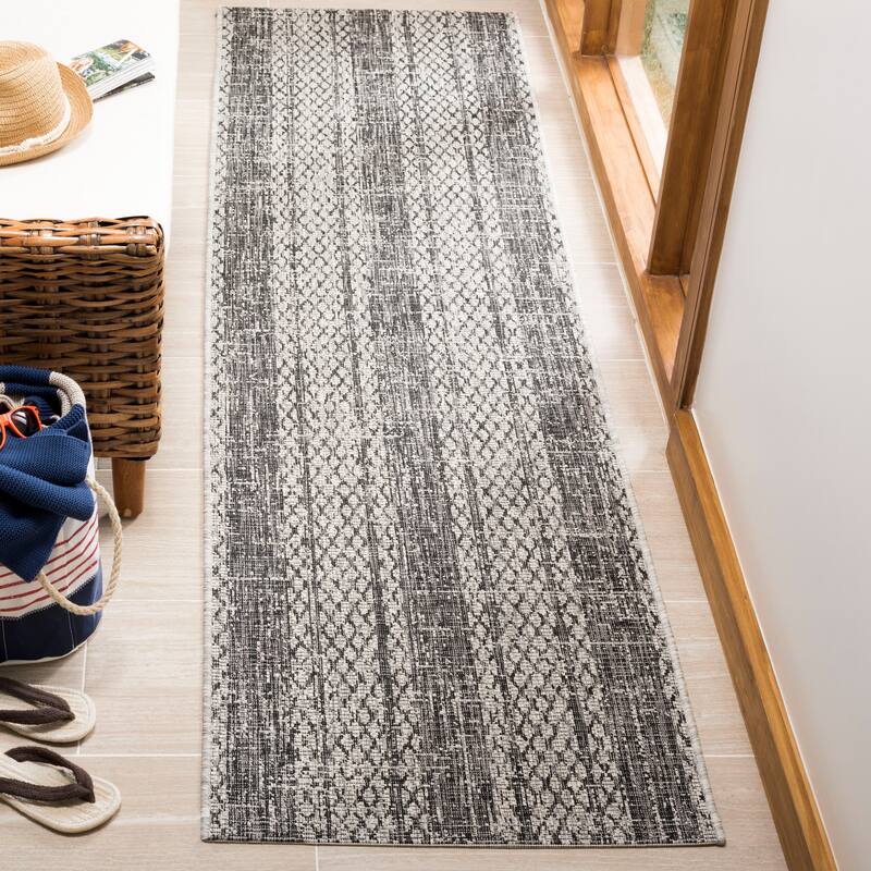 SAFAVIEH Courtyard Nanci Stripe Indoor/ Outdoor Waterproof Patio Backyard Rug - 2'3" x 12' Runner - Light Grey/Black