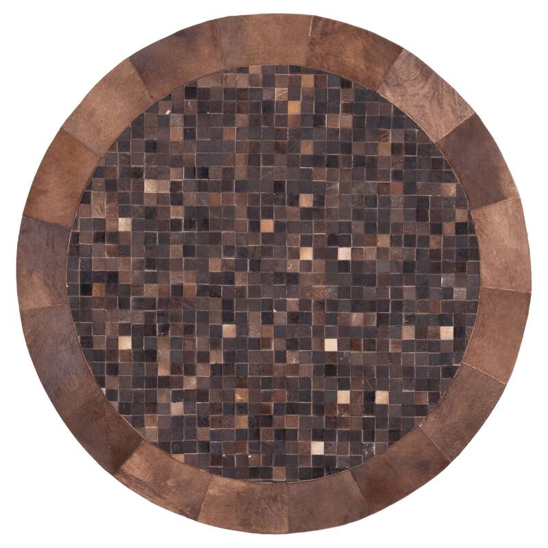 ECARPETGALLERY Handmade Cowhide Patchwork Dark Brown Leather Rug - 5'0 x 5'0