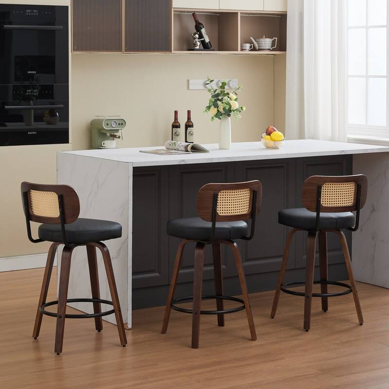 Grondin Swivel Counter Height Bar Stools Set, Rattan Backrest and PU Leather Upholstery Seat Counter Stools for Kitchen Island