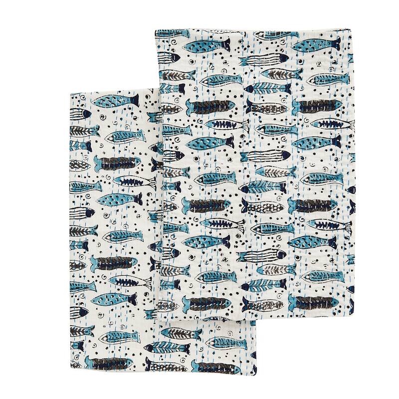Melange Hand Stitched Kantha Block Print Fish Coverlets and Shams