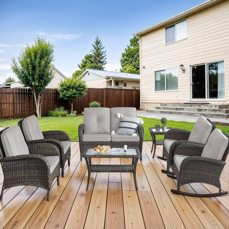 Pocassy Outdoor Loveseat Sofa with Table Funiture Set - Brown Wicker Beige Cushion - 7PCS Loveseat Sofa with Chairs Table Set