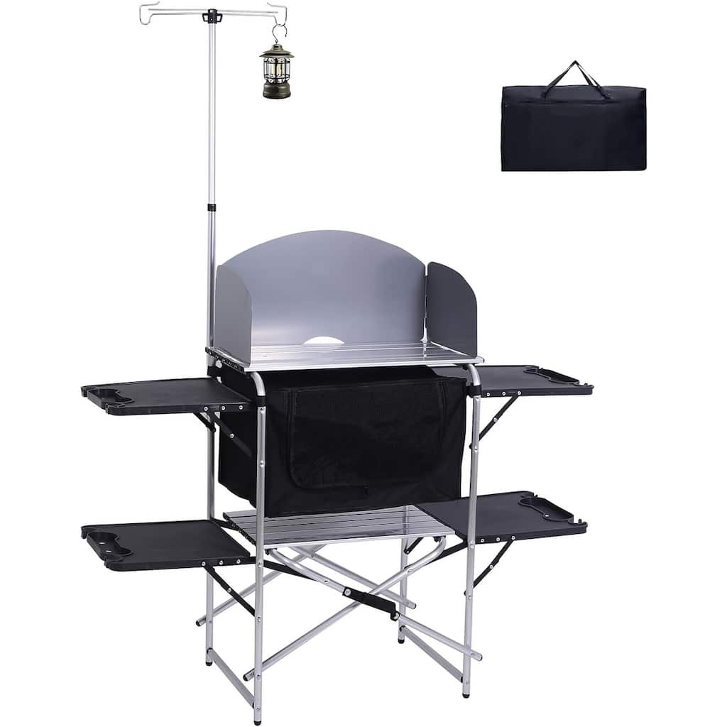 Camping Table, Camping Kitchen Station with Side Table, Portable with Carry Bag, Storage, Windscreen, and Light Stand
