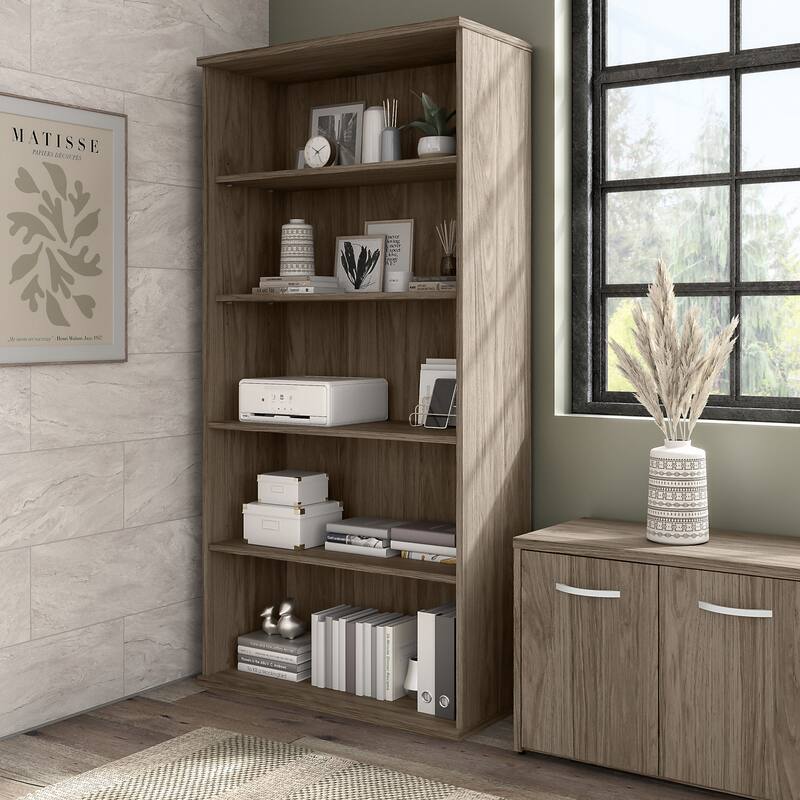 Hybrid Tall 5 Shelf Bookcase by Bush Business Furniture - Modern Hickory