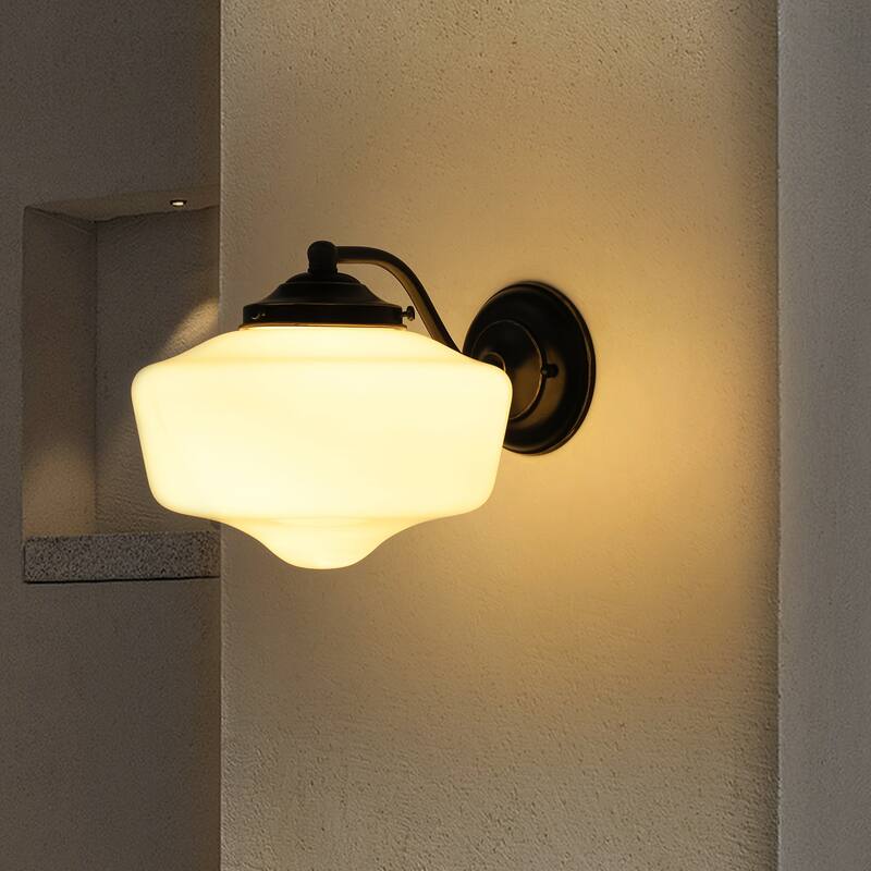 9.8 in. 1-Light Matte Black/Gold Dimmable Wall Sconce With White SchoolHouse Glass