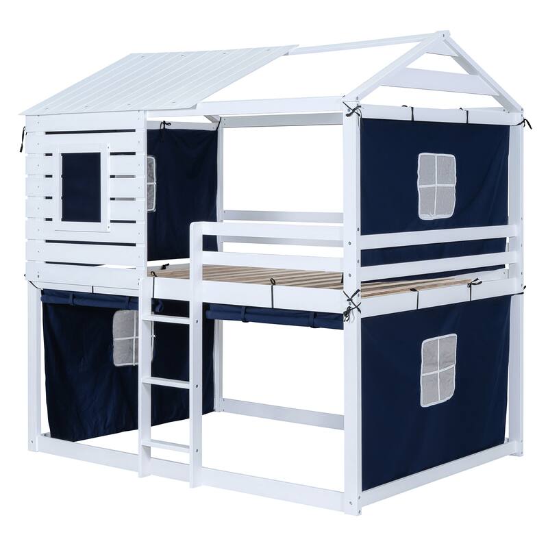 Blue Full Size Solid Wood House Bunk Bed with Tent, Ladder, and Fence