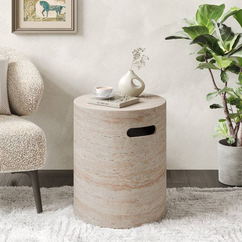Outdoor Indoor Lightweight Concrete Side Table With Side Handles, Travertine Finish - 20.41