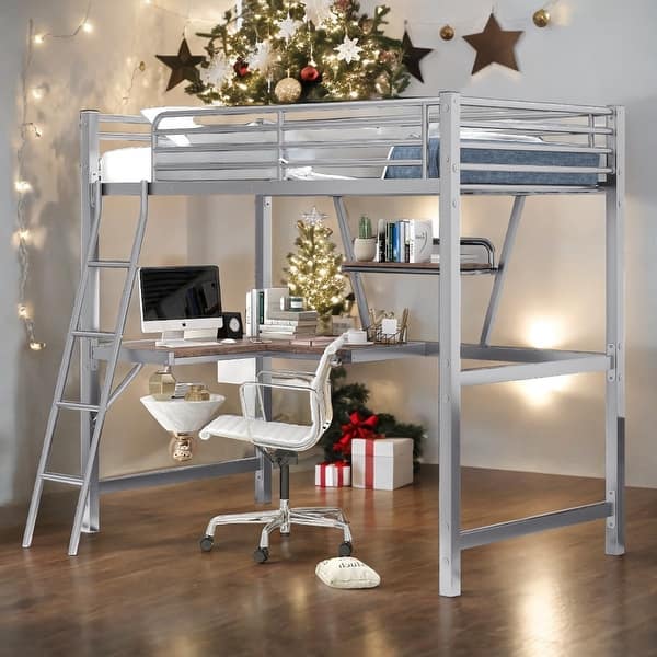 slide 2 of 13, Twin Size Loft Metal & MDF Bed with Built-in Desk and Shelf, Silver Silver