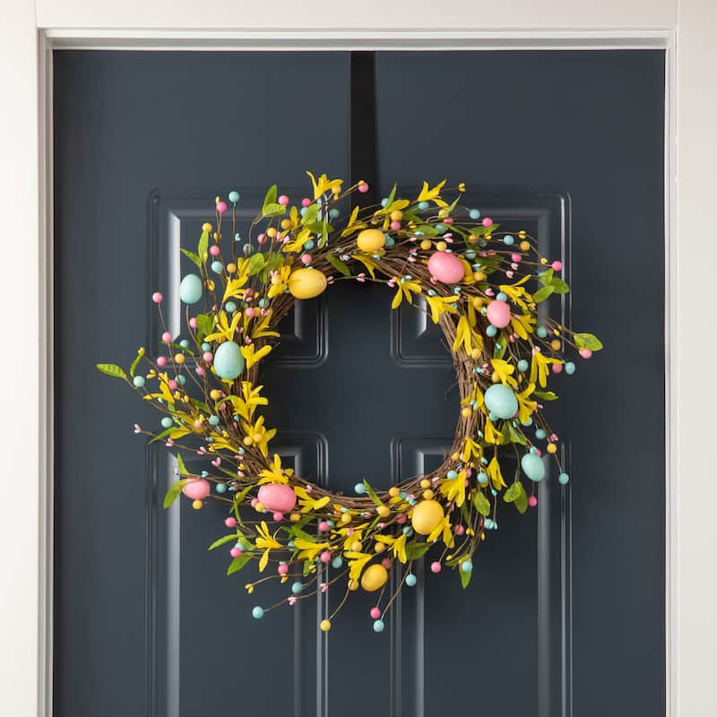 Glitzhome Easter Wreath with Eggs Lavender Bird Nest for Front Door Wall Window Holiday Decoration