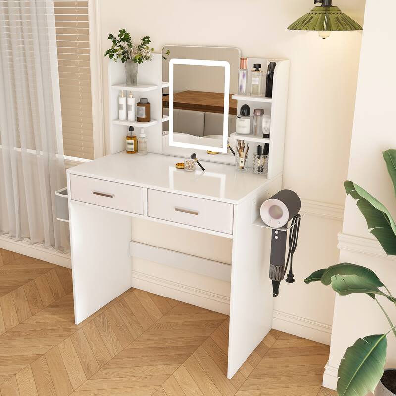 LED Mirror Dressing Table with Lights- 3-Color Light Strips,2 Large Drawers,Hair Dryer Stand & Non-Woven Bag,Makeup Desk
