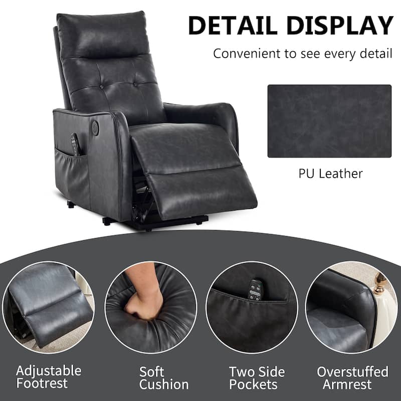 PU Leather Recliner with Single Motor Lift Massage Heat and 155 Degree Recline
