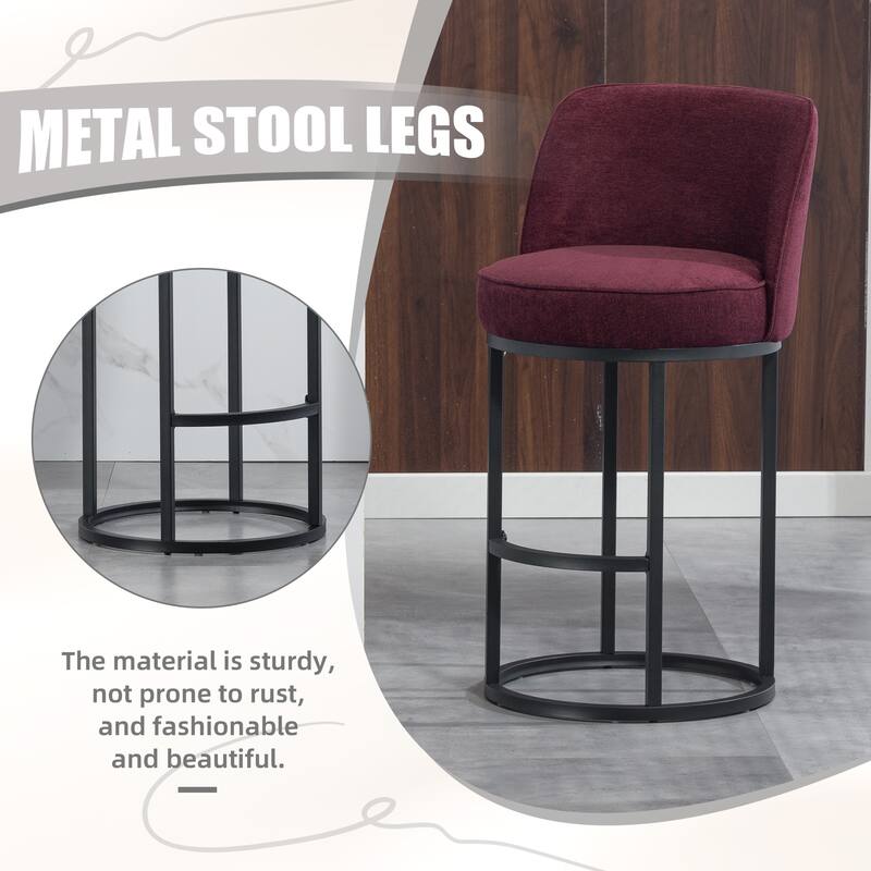 Counter Height Bar Stools Set of 2, Modern Barrel Counter Stools with Backrest, Linen Fabric Upholstered Accent Bar Stools