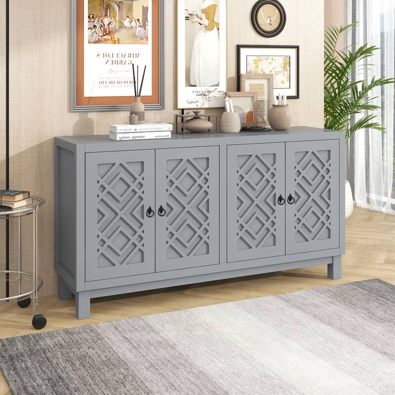 Large Storage Space Sideboard, 4 Door Buffet Cabinet with Pull Ring Handles