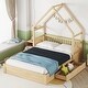 preview thumbnail 1 of 22, Queen Size Wood House Platform Bed with Guardrail and 2-Drawers, Natural - Sturdy Pine Frame with Rustic Window and Fence Natural