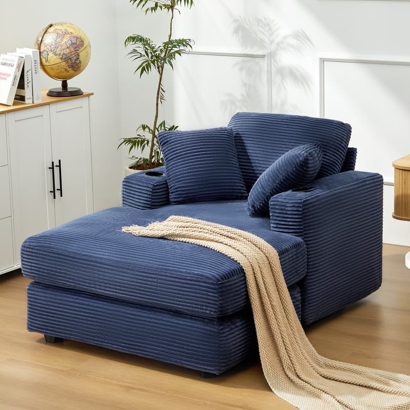 Oversized Corduroy Chaise Lounge Chair with Throw Pillows and Built-In Cup Holders