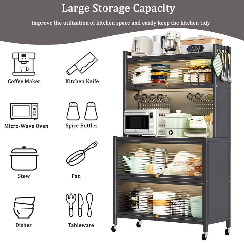 64" Mobile 5-layer Metal Kitchen Pantry Storage Cabine with Transparent Flap Door and DIY Hole Board