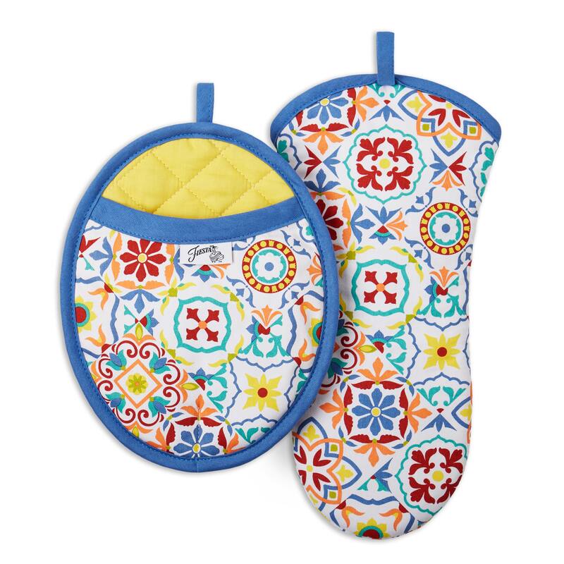 Fiesta Fiesta Worn Tiles Oven Mitt & Pot Holder Set, Set of 2 - 8"x10" - Orange/Blue/Red