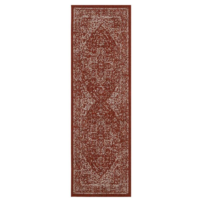 Indoor/Outdoor Area Rug/ Runner/ Doormat- Blue & Natural & Red & Taupe Color -Machine Washable, Weather and UV Resistant-Zaria