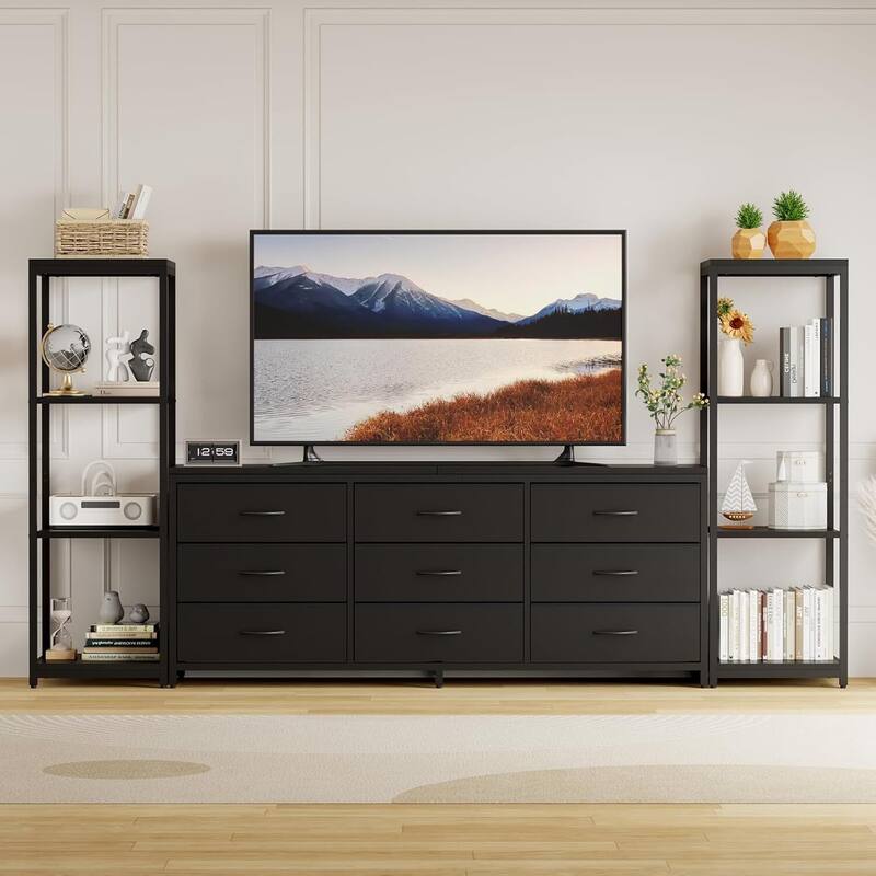 Entertainment Center TV Stand with 9 Drawers and Bookshelves for Living Room - Black